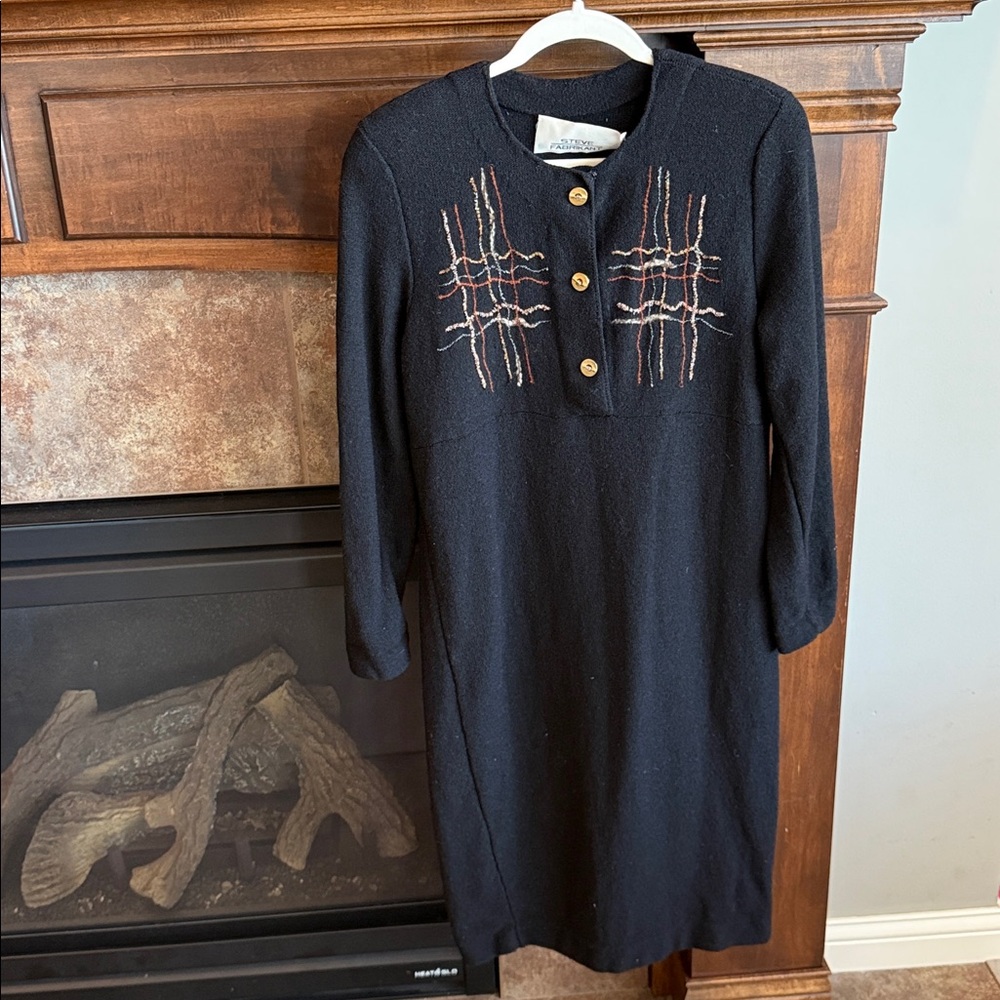 Vintage Steve Fabrikant black wool dress embroidery Lagenlook art to wear M/L